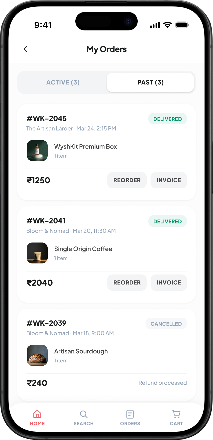 Past orders — delivered, cancelled, refunded